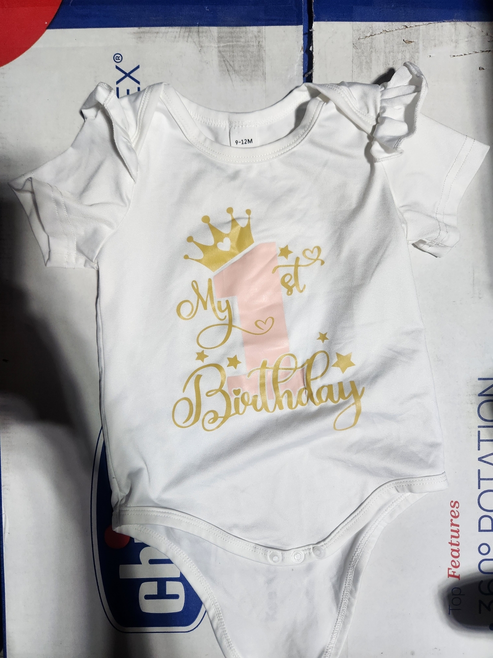 SHEIN White One-Piece Bodysuit with Gold and Pink Birthday Design